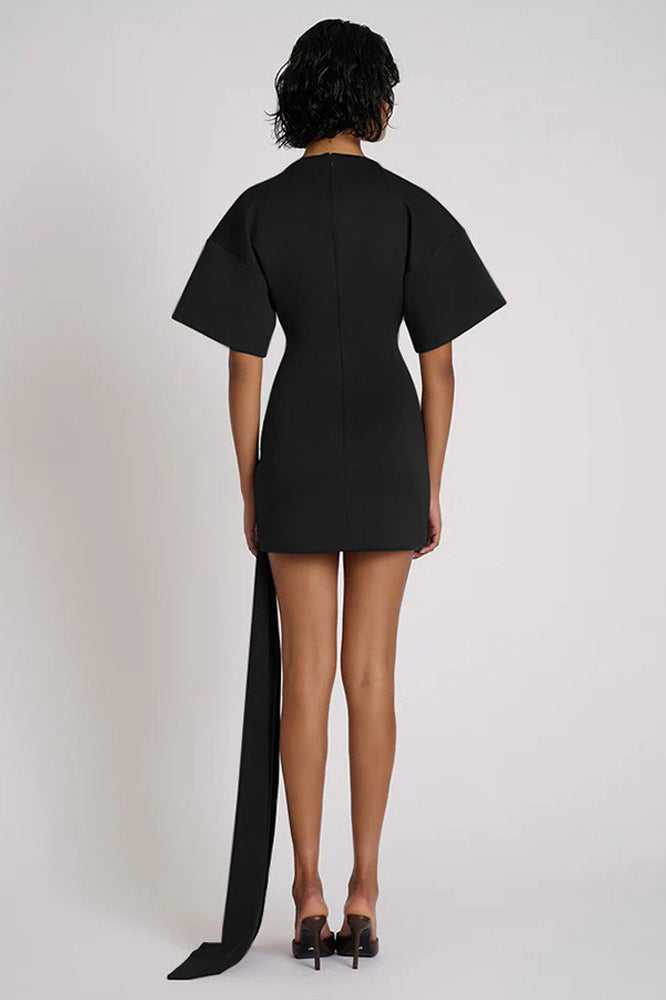 High Neck Short Sleeve Draped Wrap Mini Dress 7