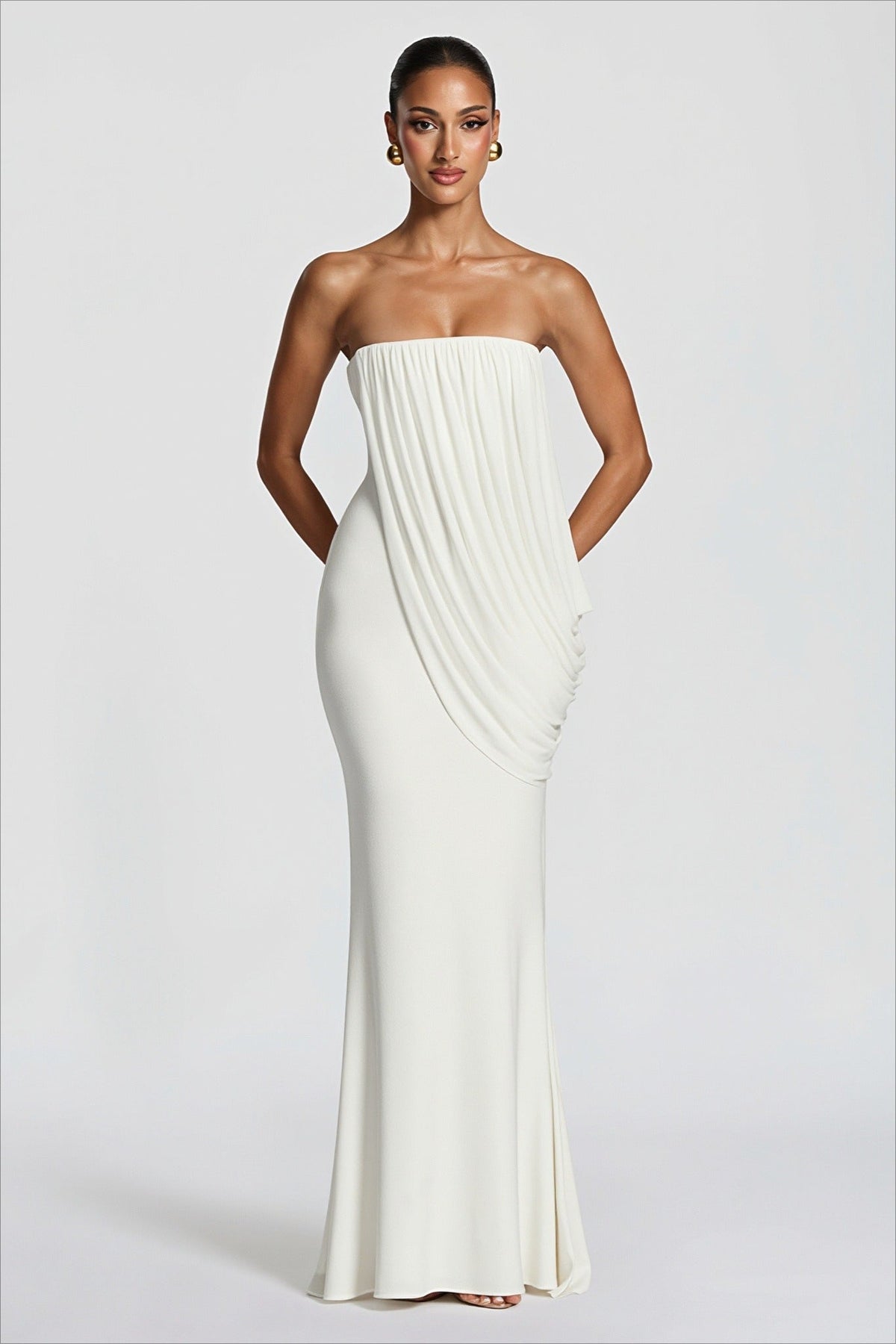 Solid Strapless Ruched Mesh Bodycon Dress