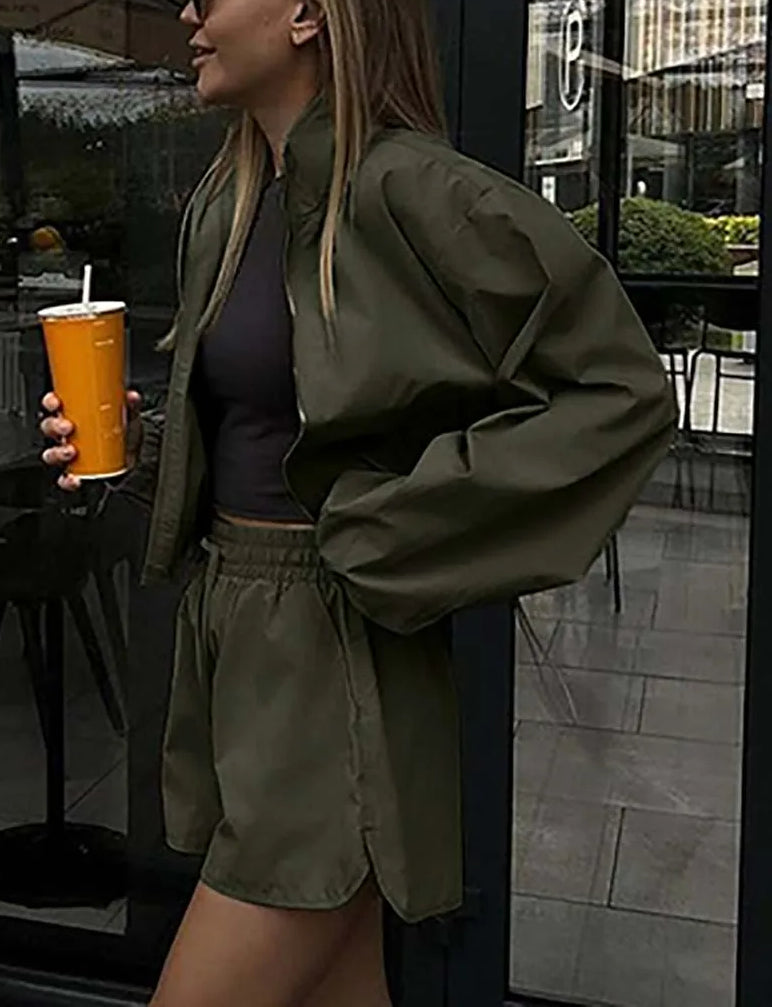 Green Zipper Drawstring Shorts Office Two Piece Set