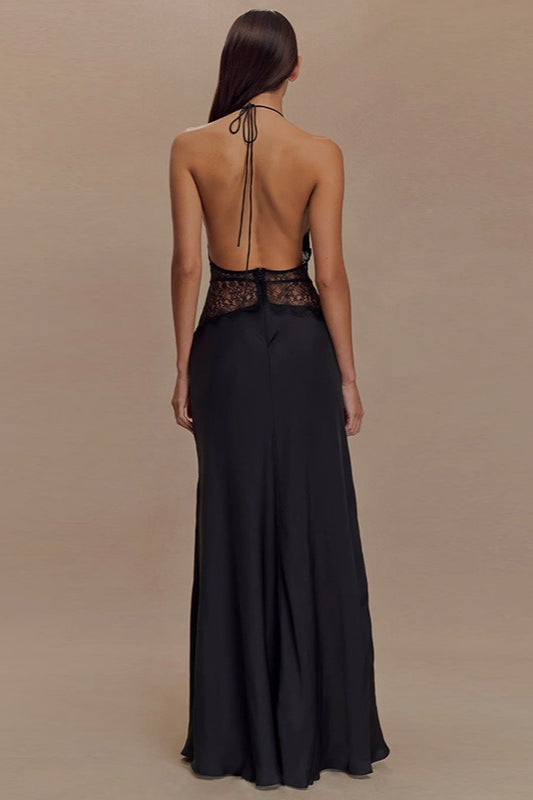 Satin Halter Deep V-Neck Lace Trim Backless Maxi Dress - View 3