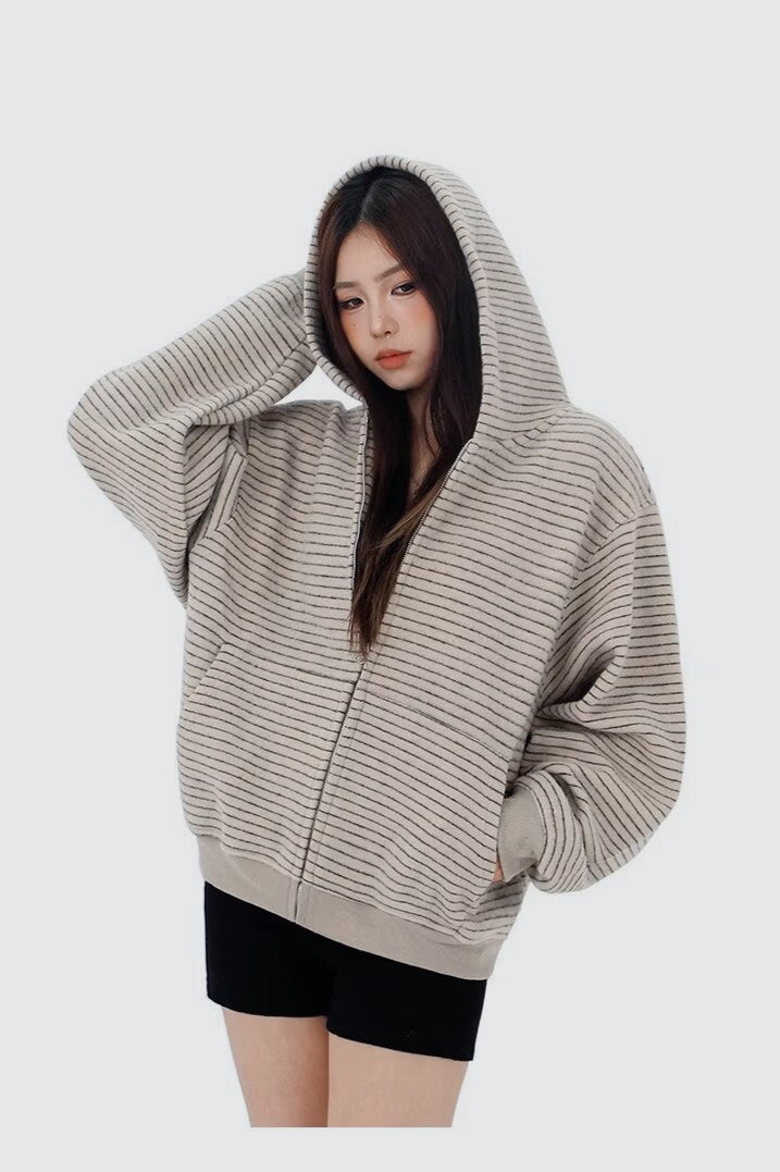Striped Zip Knit Hoodie - Fashionpara