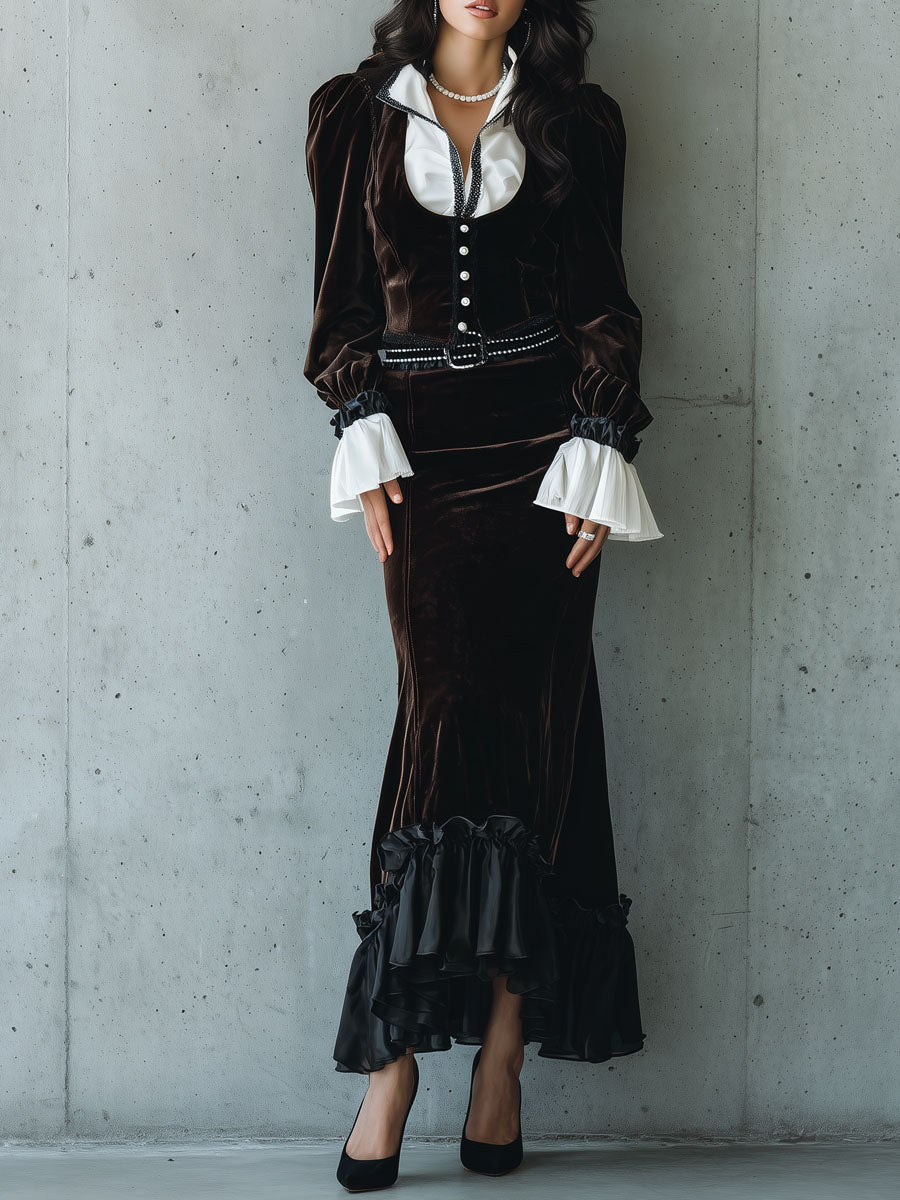 Victorian Dark Brown Velvet Buttoned Corset Maxi Dress With Ruffled Details
