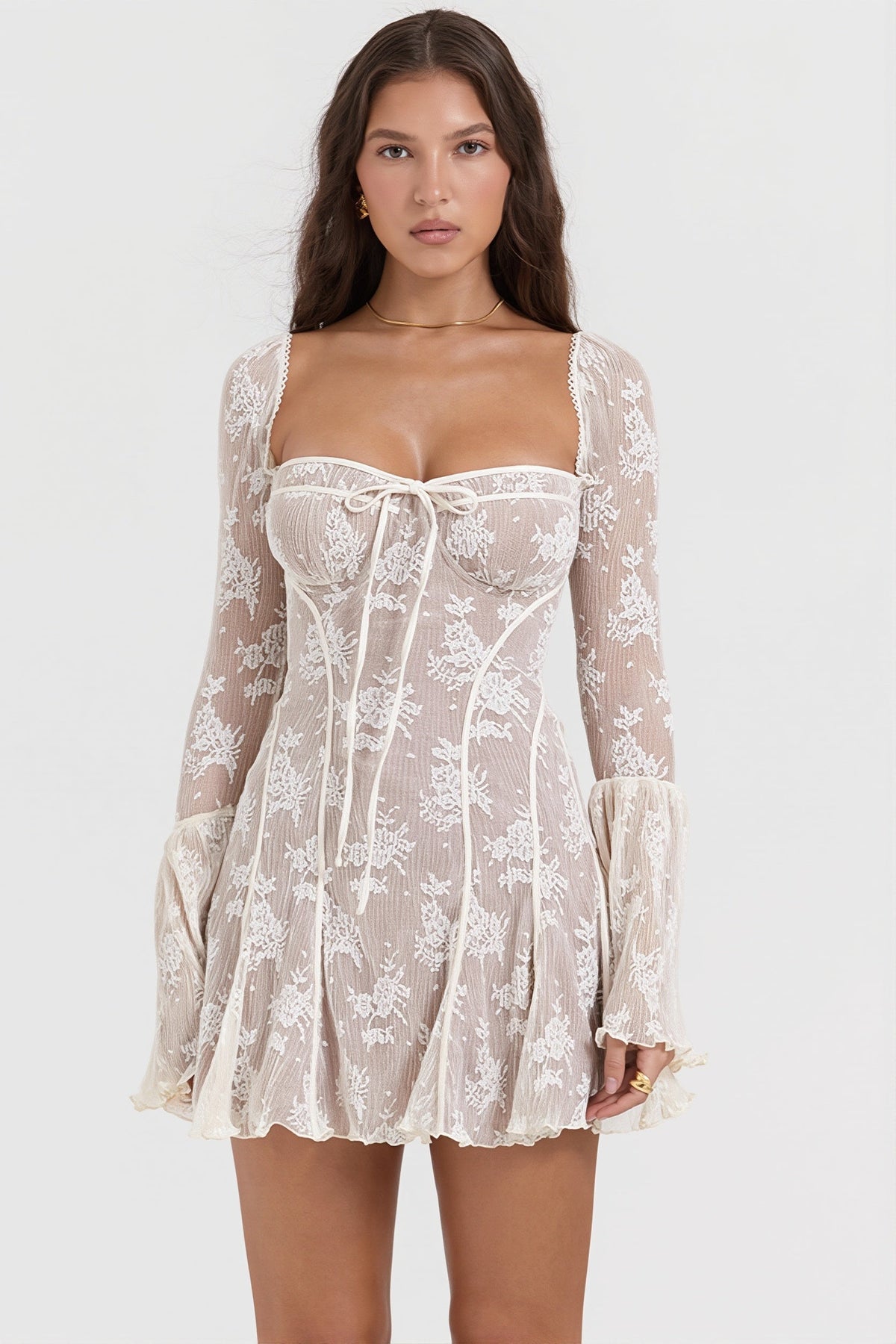 Lace Square Neck Long Sleeve Corset Mini Dress