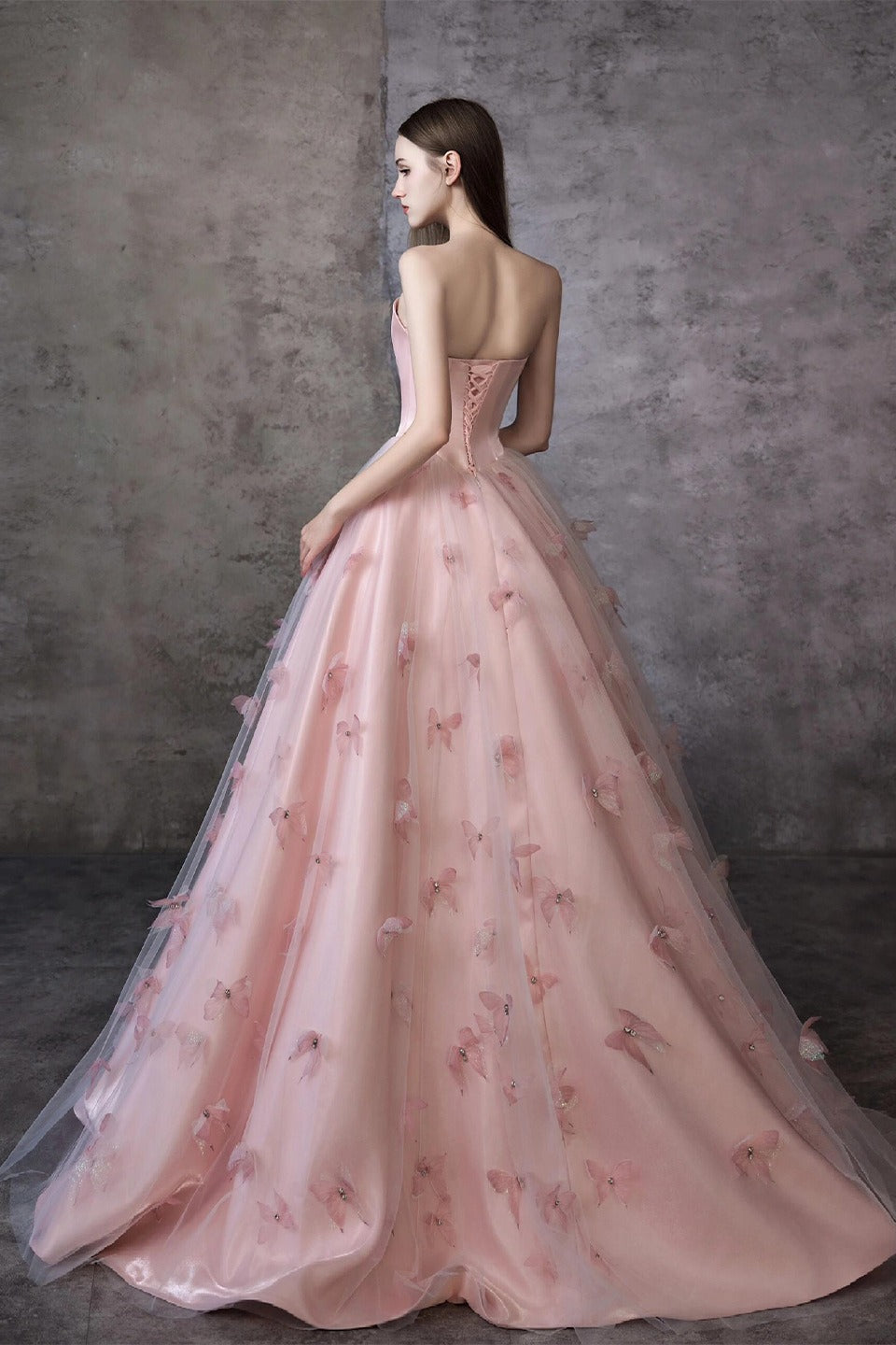 Satin Strapless Beaded Floral Appliqué Tulle Ball Gown - View 2