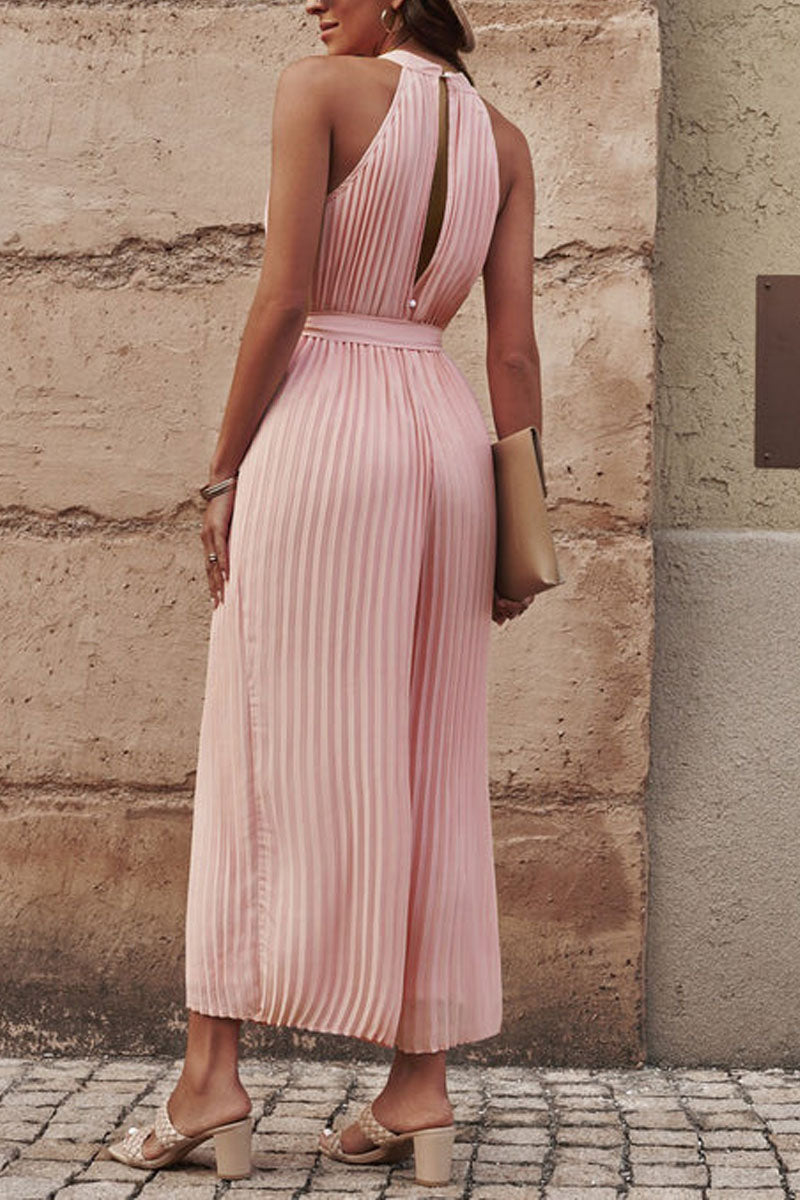 Accordion-pleated Belted Grecian Neck Sleeveless Jumpsuit - Fashionpara