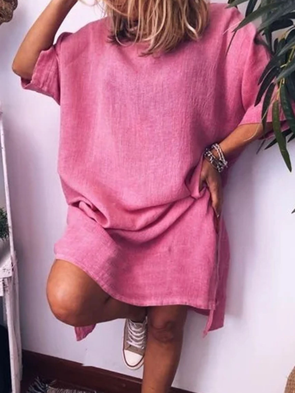 Linen Look Drop Shoulder Round Neck Pocket Relaxed Shift Mini Dress - View 4