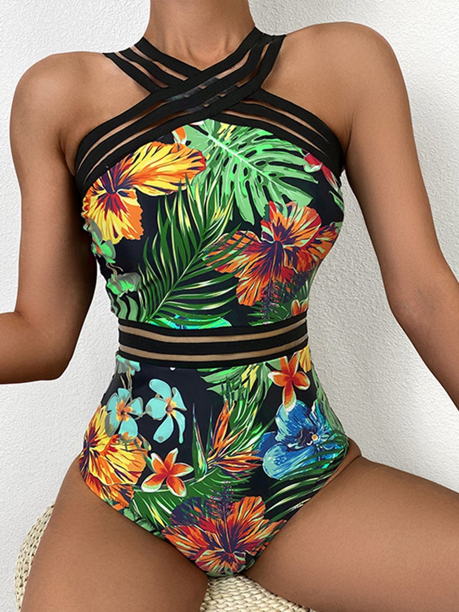 Sheer Stripe Print One Piece Swimsuit - Fashionpara