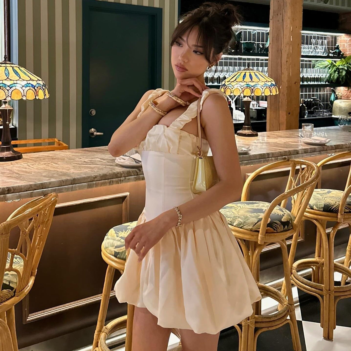 Satin Square Neck Ruched Bubble Hem Mini Dress 6