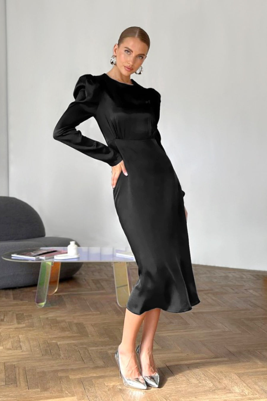 Satin Round Neck Long Sleeve Puff Shoulder Midi Dress 2