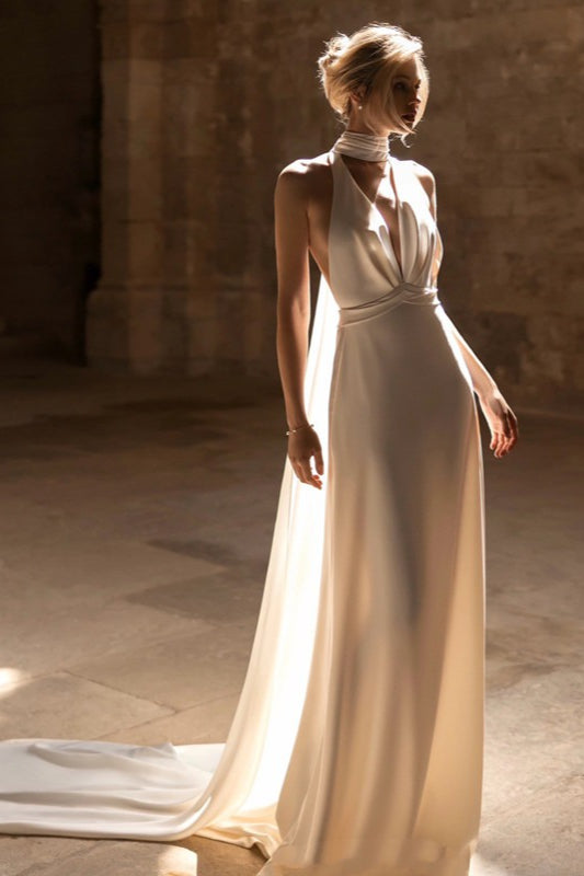 Halter Neck Deep V-Neck Backless Draped Column Maxi Gown