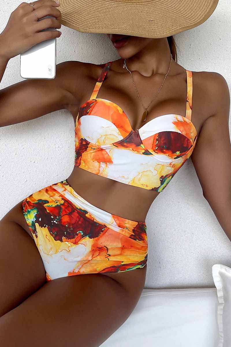 Marble Print Ruched Push Up Two Piece Swimsuit - Fashionpara