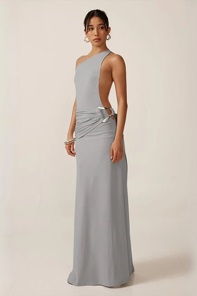 One Shoulder Open Back Ruched Maxi Gown