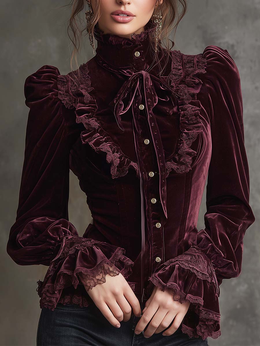 Garnet Red Romance Victorian Velvet Ruffle Blouse - Fashionpara
