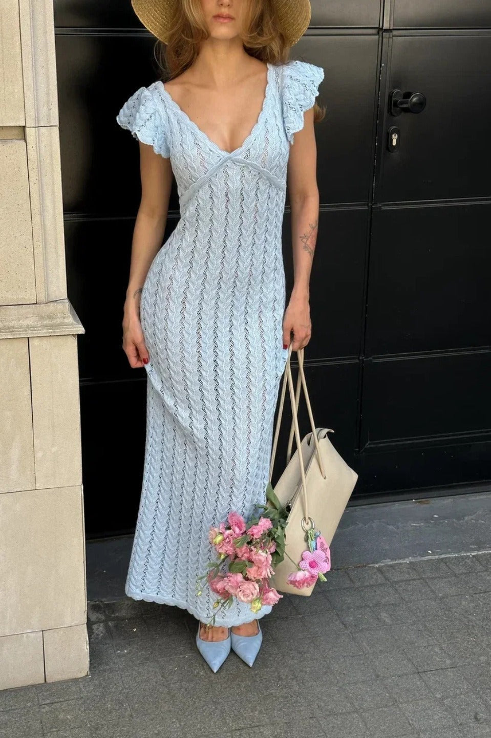 Pointelle Knit V-Neck Flutter Sleeve Maxi Dress