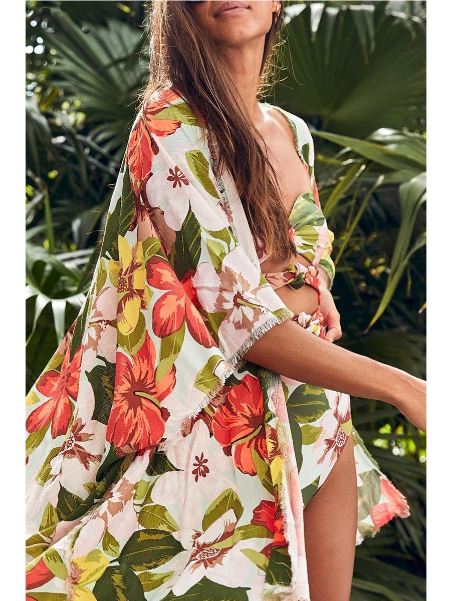 Floral Print Knot Design Orange One-piece Swimsuit - Fashionpara