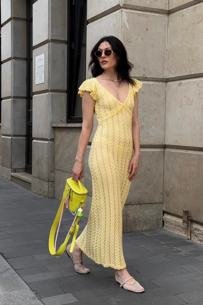 Pointelle Knit V-Neck Flutter Sleeve Maxi Dress 5