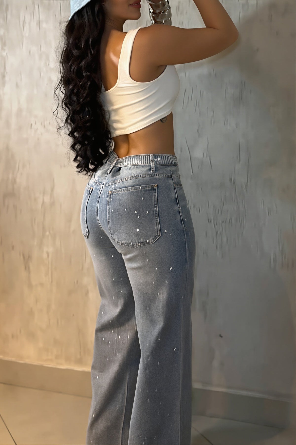 Sexy Rhinestone Belt High Waist Straight Jeans
