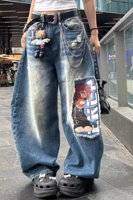Loose Fit Cartoon Patch Wide Leg Jeans