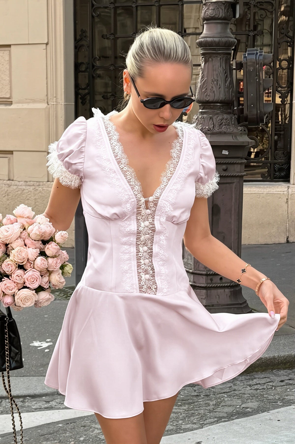 Satin Lace Trim Button Front Puff Sleeve Mini Dress 3
