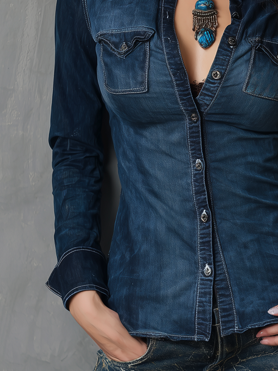 Retro Contrast Stitching Washed Long Sleeve Blouse - Fashionpara