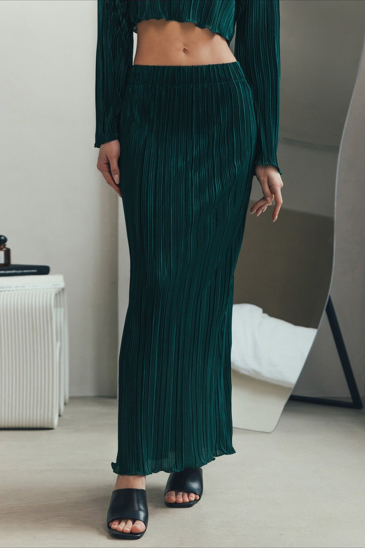 Pleated Flare Sleeve Crop Top Skirt Two Piece Set