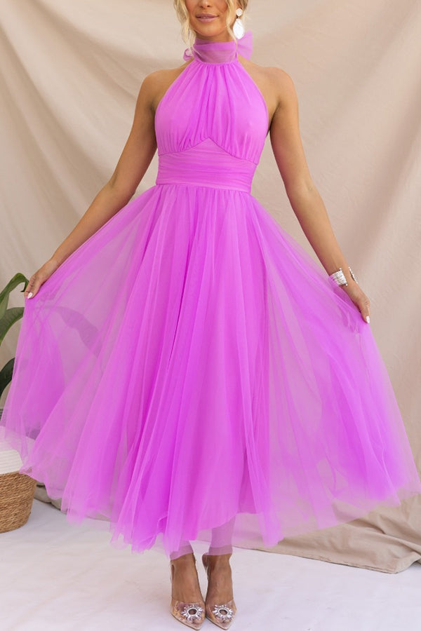 Tulle Halter Neck Sleeveless Pleated Bodice Fit and Flare Midi Dress