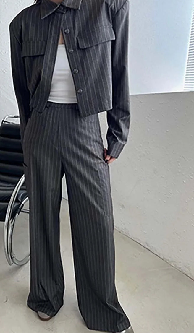 Grey Print Pockets Button Pants Office Two Piece Set