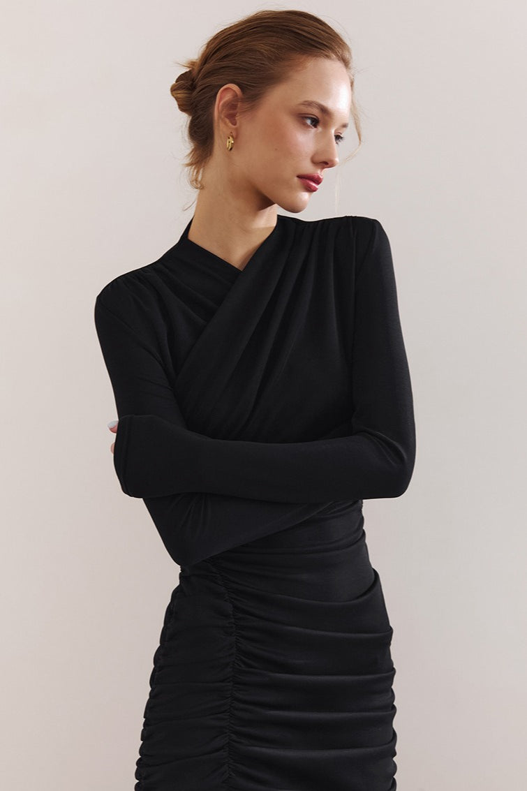 Ruched V-Neck Long Sleeve Maxi Dress