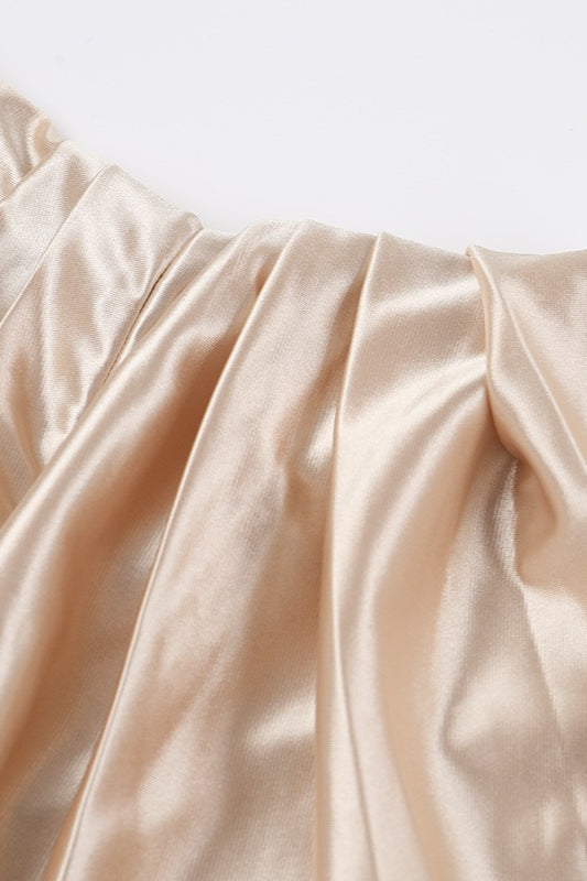 Satin Off Shoulder Ruched High Split Mermaid Maxi Gown - View 6