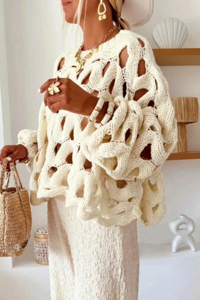Openwork Leaf Texture Crew Neck Knit Sweater 6
