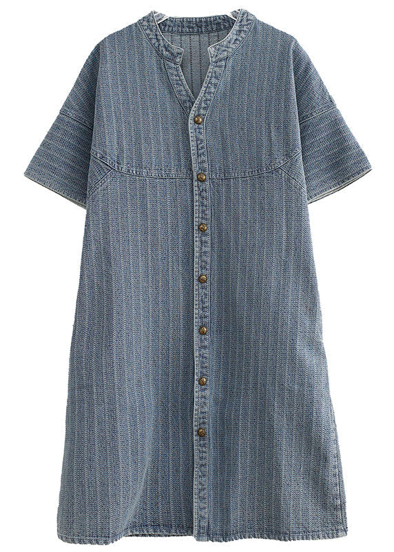 Striped Denim Mandarin Collar Button Down Short Sleeve Shirt Dress - View 5