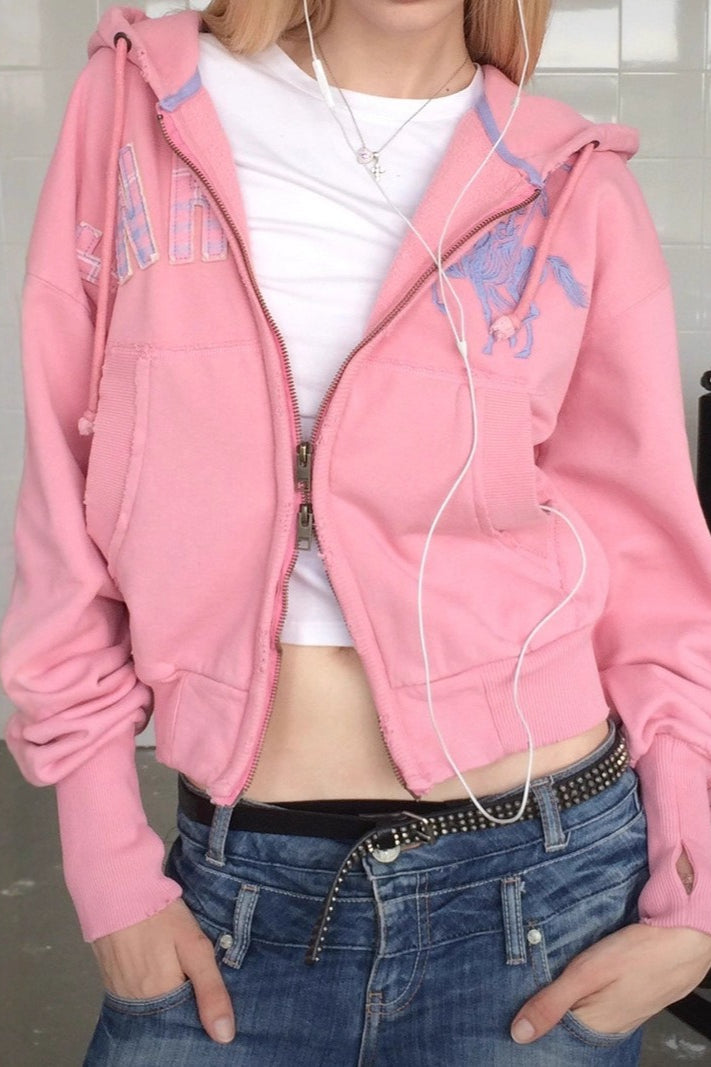 Embroidered Letter Zip Hoodie