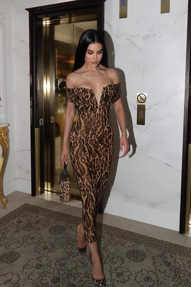 Leopard Print Off Shoulder Cut Out Bodycon Midi Dress - View 2