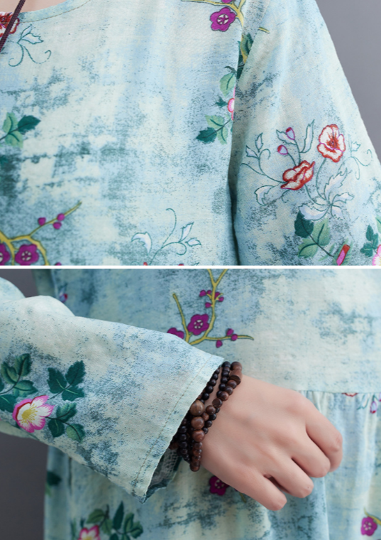 Small Floral Print Empire Waist Gathered Long Sleeve Loose Maxi Dress - View 5