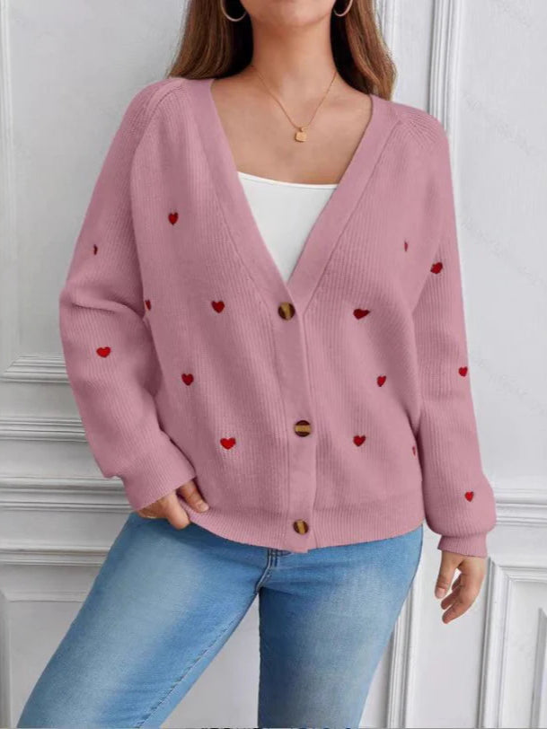 Heart Embroidery V-Neck Cardigan for Cozy Elegance