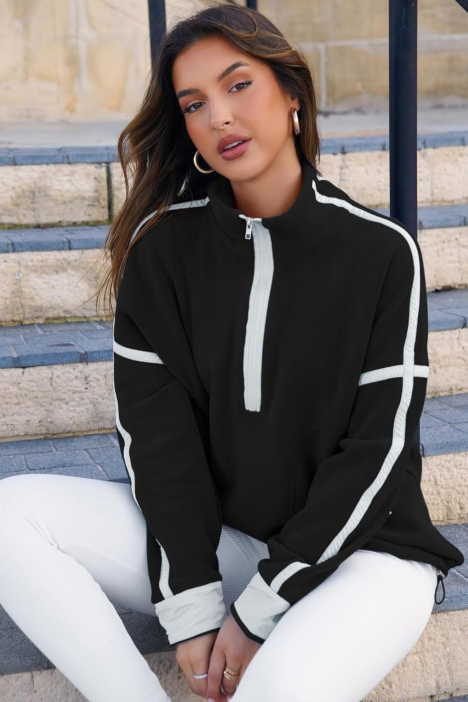 Color Block Quarter Zip Funnel Neck Sweatshirt