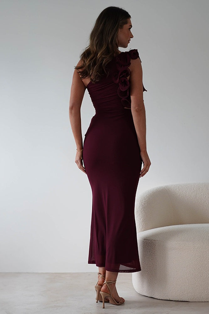 One-Shoulder Ruffle Cutout Mesh Bodycon Maxi Dress