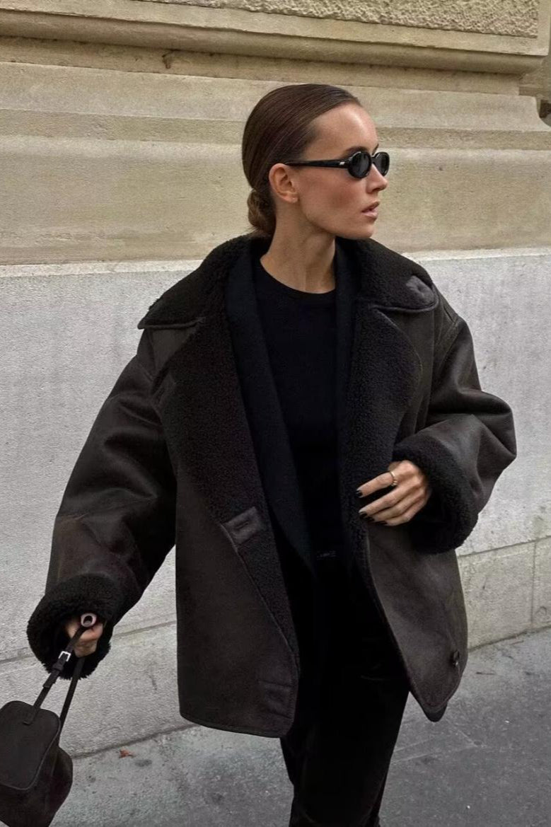 Oversized Shearling Collar Faux Suede Jacket 5