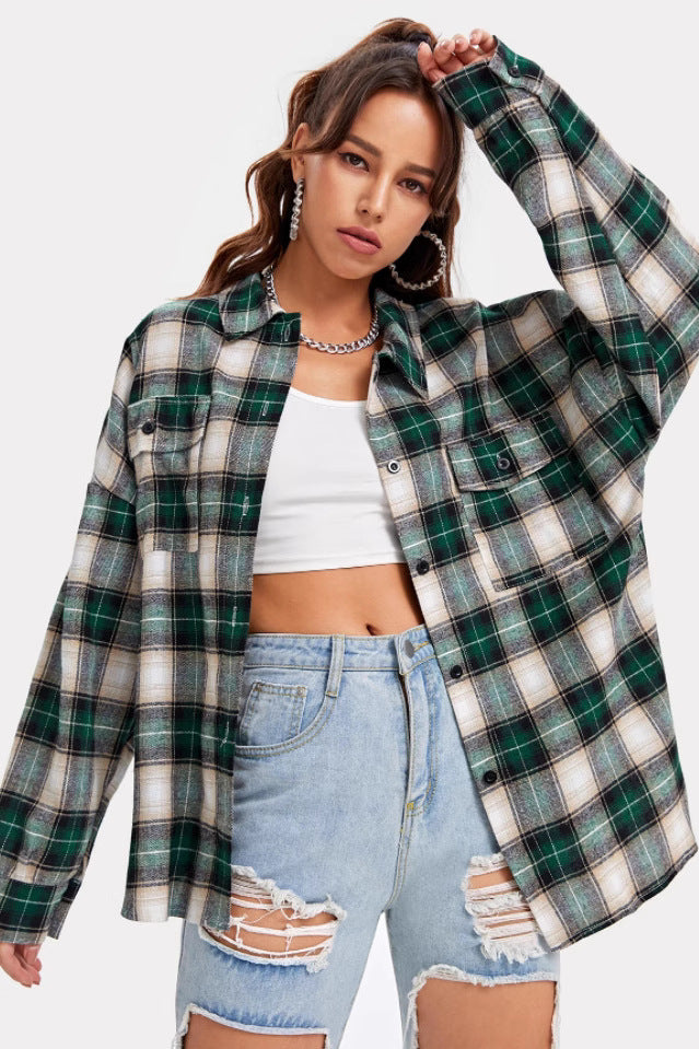 Plaid Stand Collar Button Shirt Blouse - Fashionpara
