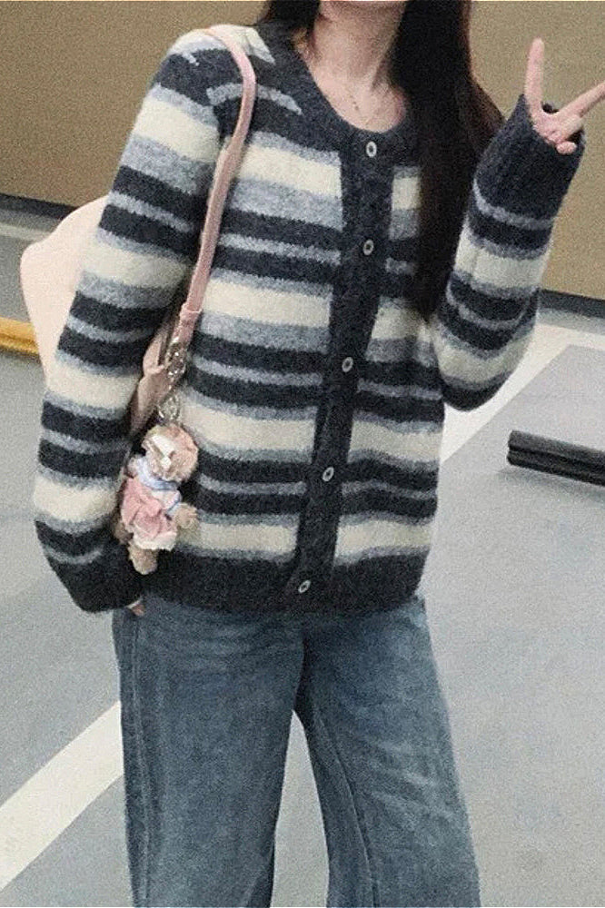 Retro Stripe Color Block Loose Slim Crew Neck Knit Cardigan 3