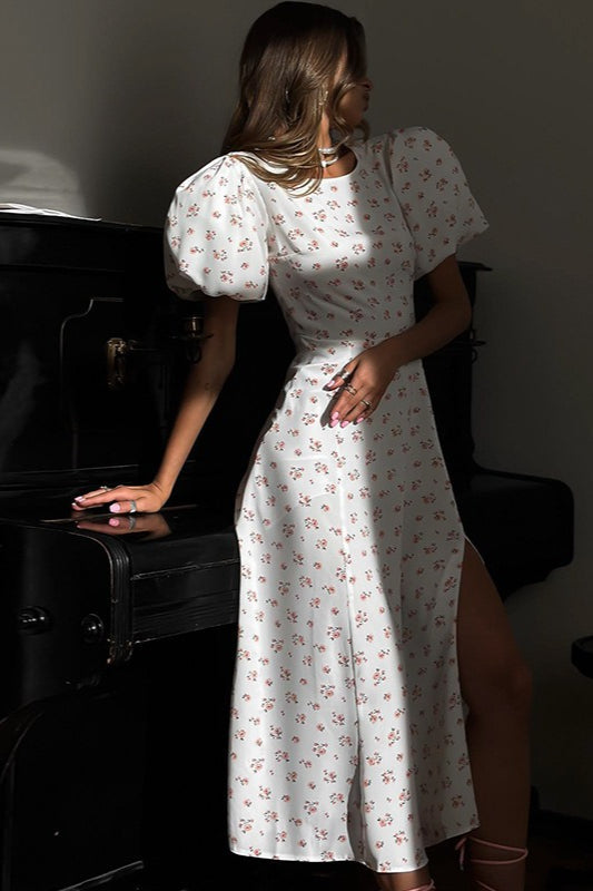 French Style Floral Puff Sleeve Work Dress