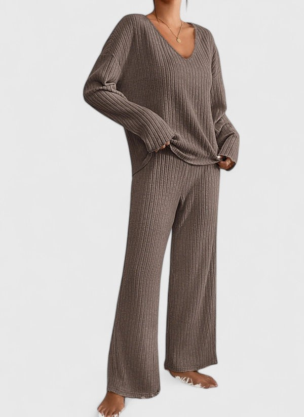 Ribbed Knit V-Neck Top and Wide Leg Pants Two Piece Set 2