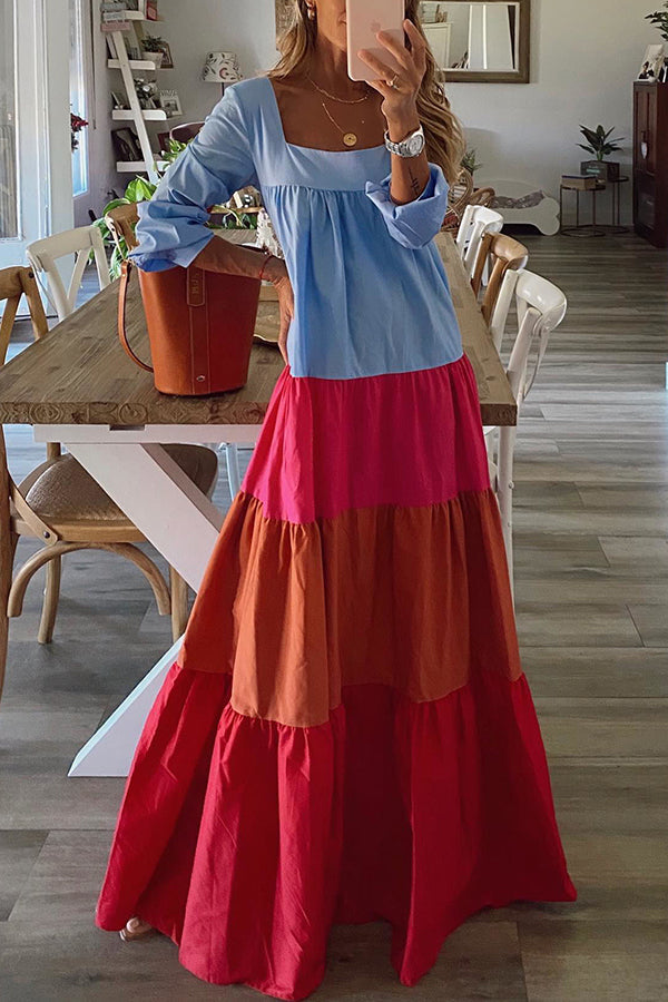 Square Neck Empire Waist Tiered Long Sleeve Maxi Dress
