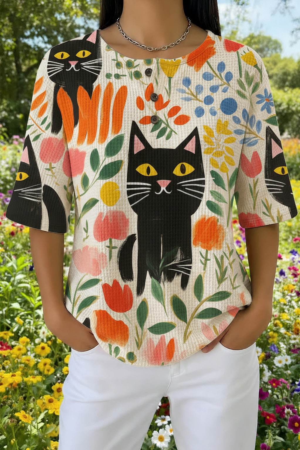 Floral Cat Print Button Placket Short Sleeve Top