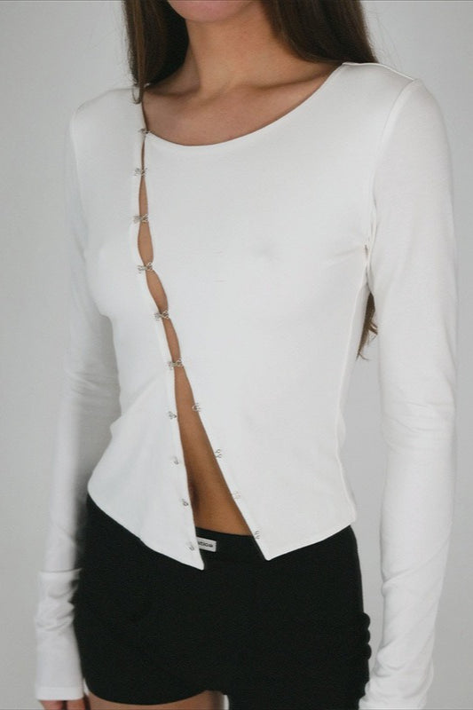 Long-Sleeve Solid Button-Up Top