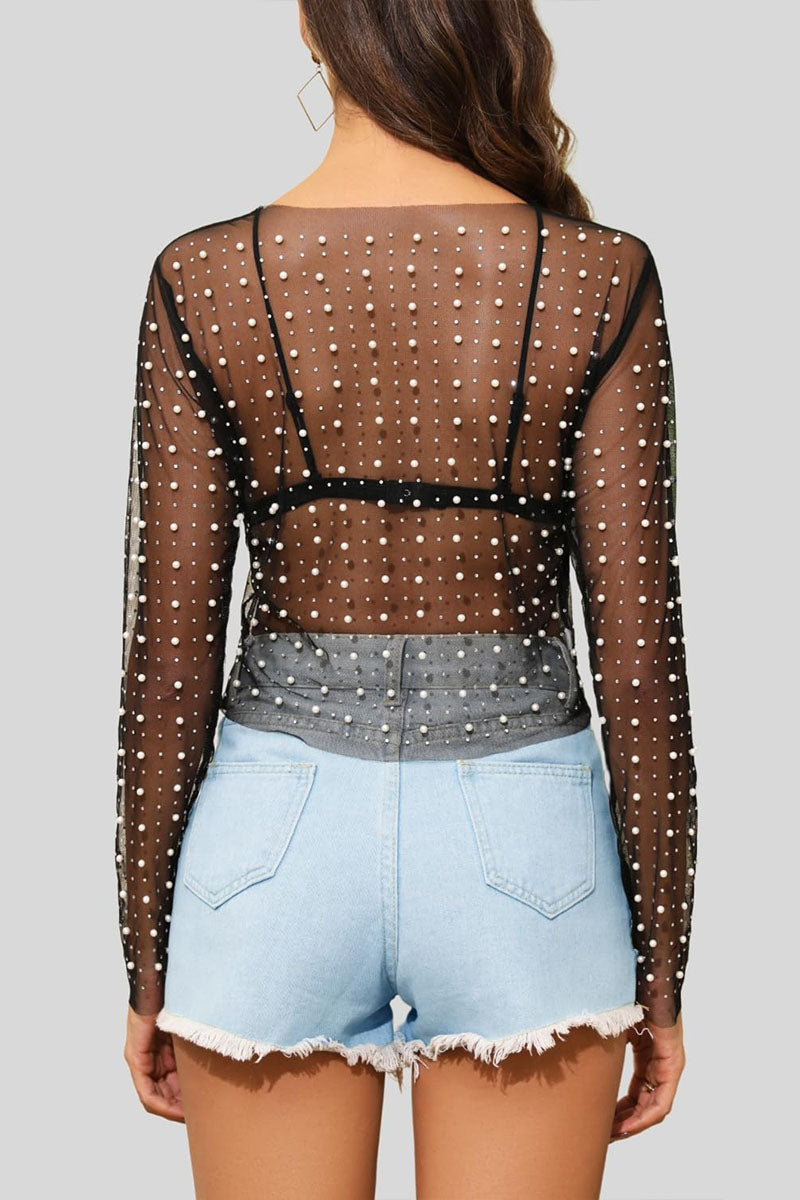 O-neck fashion sexy white transparent imitation diamond pearl black transparent sexy mesh women's long-sleeved shirt