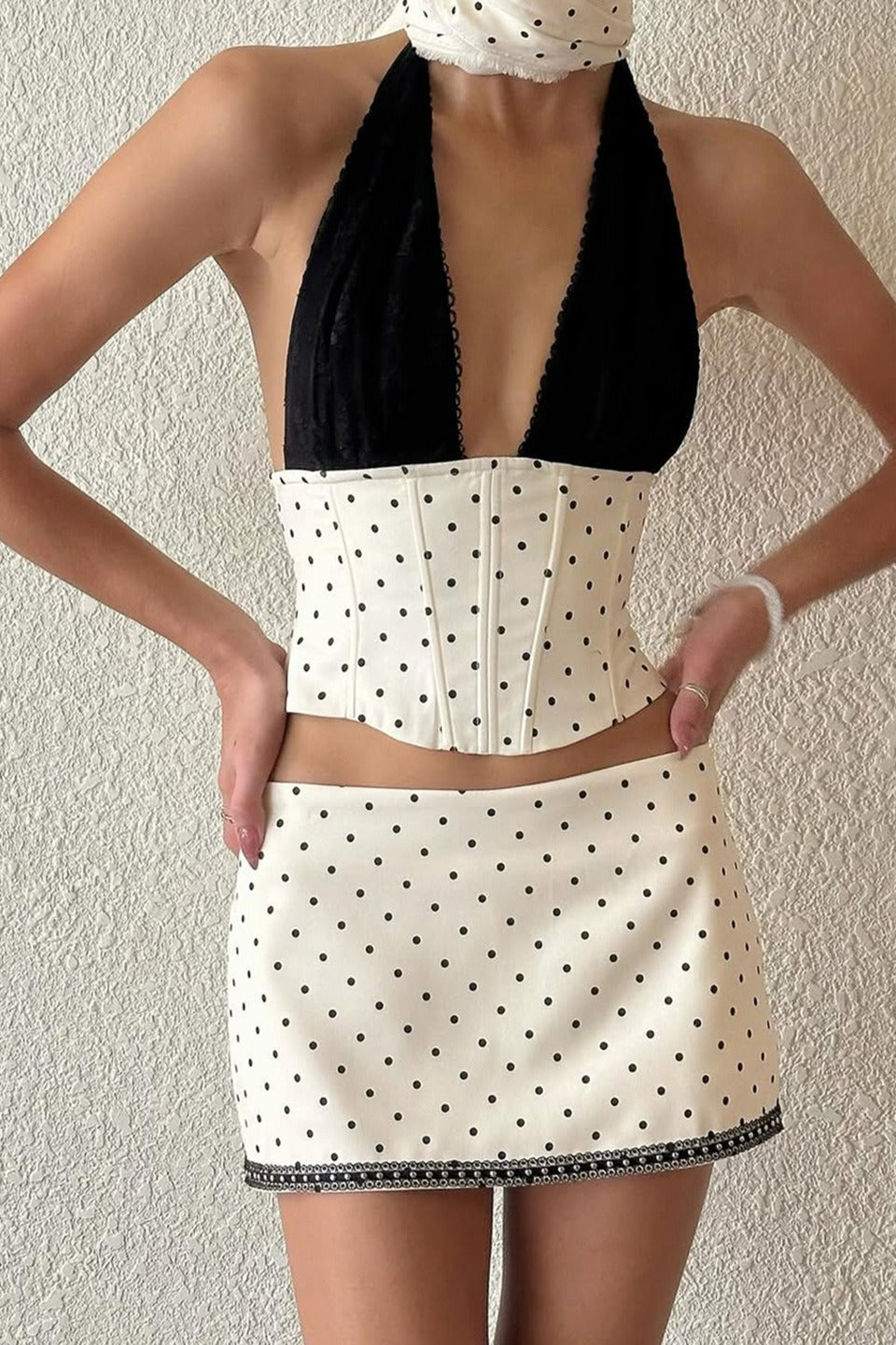 Polka Dot Lace Halter Two Pieces Set - Fashionpara