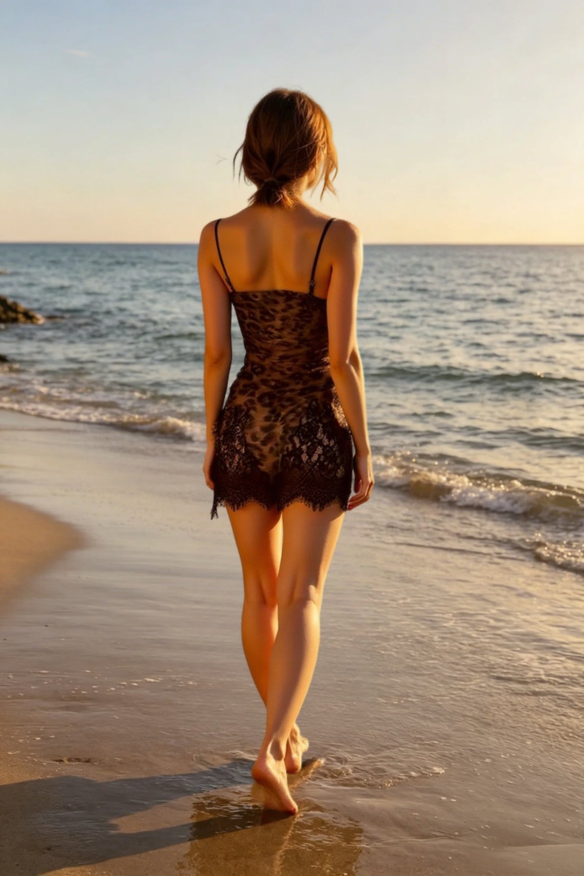 Leopard Print Lace-Trim Spaghetti Strap Slip Mini Dress