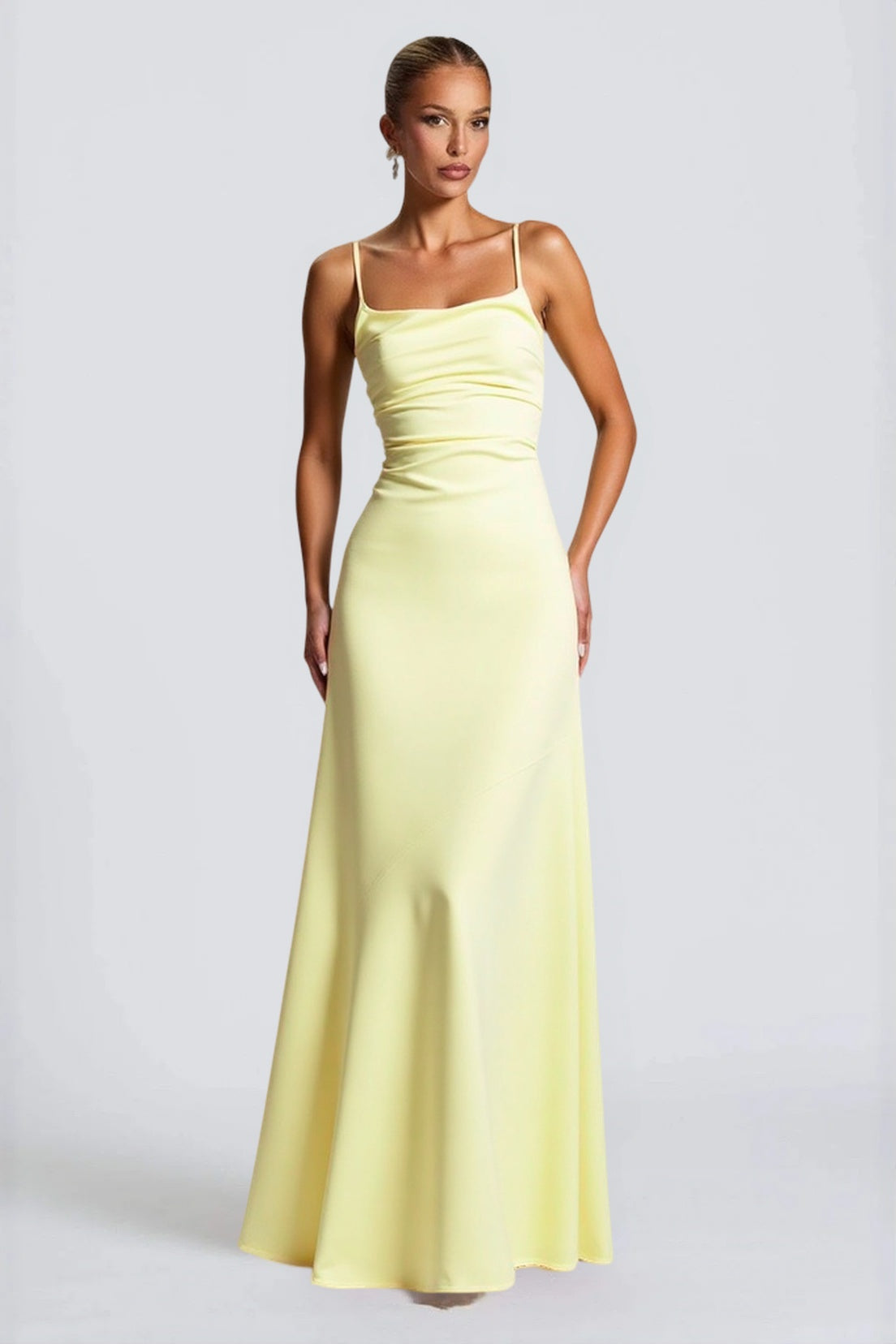 Satin Cowl Neck Spaghetti Strap Fishtail Gown