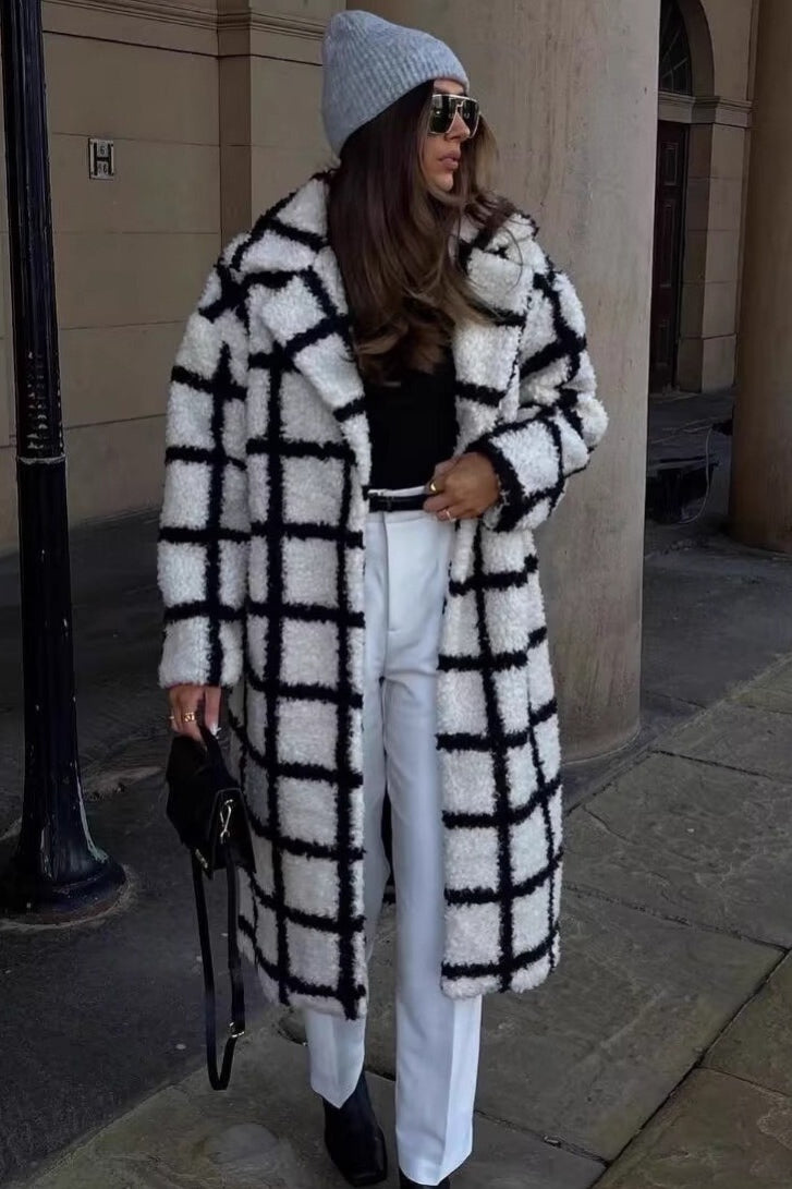 Plaid Faux Fur Long Coat - Fashionpara